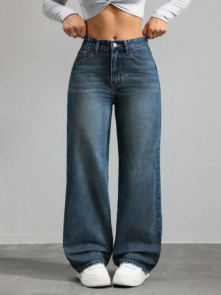 SHEIN ICON Plus Size Women Loose Fit Vintage Wash Pockets Wide Leg Casual Jeans