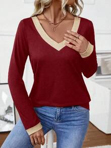 EMERY ROSE Women's Autumn Long Sleeve Colorblock V-Neck T-Shirt Tees Women Tops For Spring - Multicolor - View 6