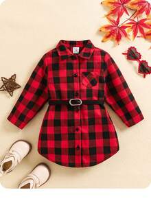 SHEIN 女婴休闲格子领长袖连衣裙，秋冬 - 紅色 - 查看 2
