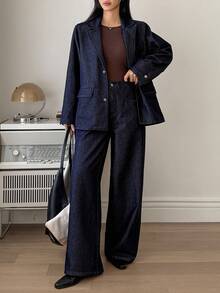 DAZY 女式翻领宽松西装外套和直筒牛仔裤休闲套装 - 深色水洗藍 - 查看 2