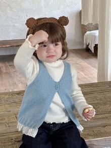 DAZY Baby Girls Casual Solid Color Sleeveless Tie-Up Sweater Vest Toddler Girls Clothes - Blue - View 3