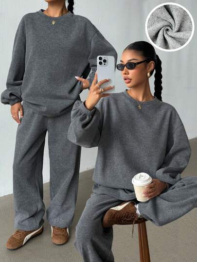 SHEIN 2pcs/Set Teen Girls' Oversized Heather Grey Crew Neck Sweatshirt And Sweatpants Tracksuit, Casual Vintage American Style, Suitable For Autumn/Winter, Back To School Season Grey Sweatpants Wide Leg Sweatpants Flare Sweatpants Two Piece Sweatsuit Grey Two Piece Set Two Piece Pants Set Grey Pants Fall