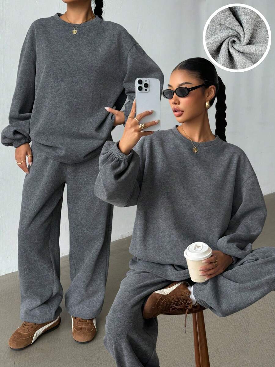 SHEIN 2pcs/Set Teen Girls' Oversized Heather Grey Crew Neck Sweatshirt And Sweatpants Tracksuit, Casual Vintage American Style, Suitable For Autumn/Winter, Back To School Season Grey Sweatpants Wide Leg Sweatpants Flare Sweatpants Two Piece Sweatsuit Grey Two Piece Set Two Piece Pants Set Grey Pants Fall - Dark Grey - View 1