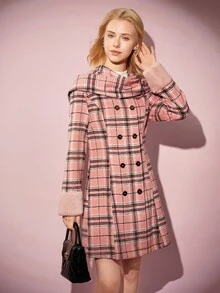 少女优雅时尚格子腰羊毛中长连衣裙配围巾，甜美优雅，秋冬 - 粉色 - 查看 3