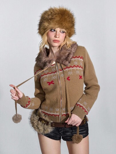 ROMWE Avant Y2K Retro Fair Isle Collegiate Style Brown Jacquard Fuzzy Hooded Long Sleeve Cardigan For Women