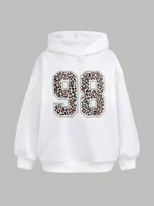 SHEIN 2 件套青少年女孩宽松连帽运动衫，豹纹和数字图案，配工装裤，秋冬 - 彩色 - 查看 6