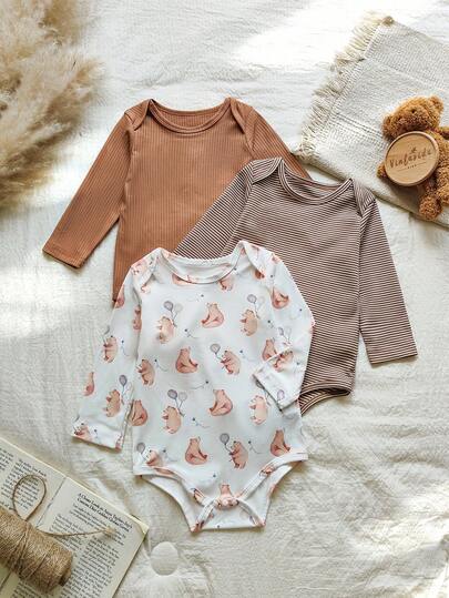 Vintaside Kids 男婴秋冬三件套连体衣，罗纹小熊印花，针织面料，信封领，长袖，按扣下摆，休闲可爱秋季装扮