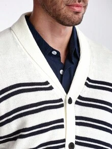 Manfinity CityGents Men's V-Neck Front Button Striped Print Long Sleeve Cardigan Parka, For Fall Winter - White - View 2
