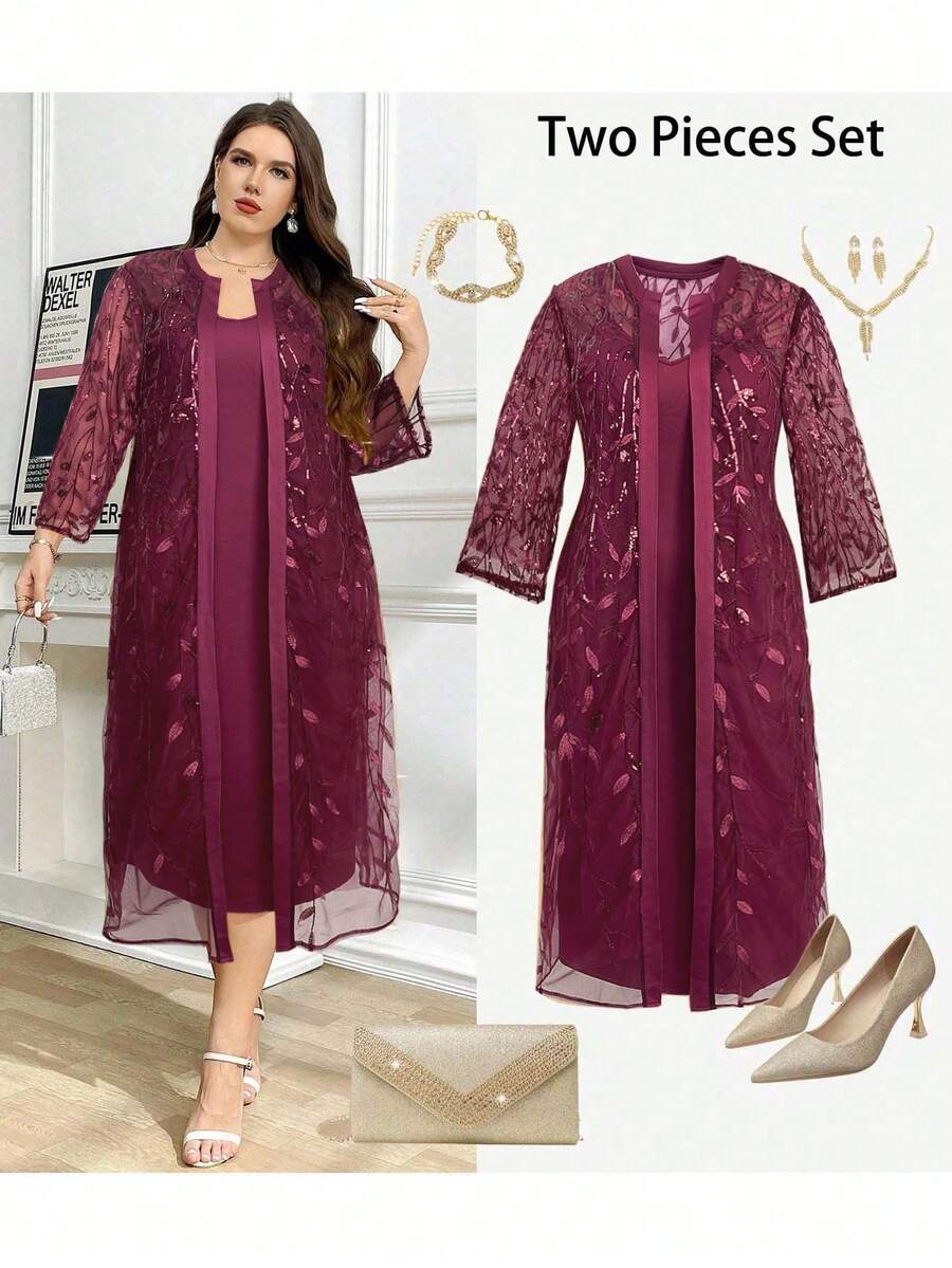 Ellevyn Conjunto de 2 peças de vestido camisola plus size de cor sólida e jaqueta de manga comprida estampada