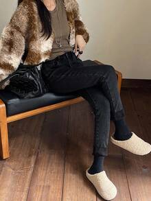 DAZY Women's High Waist Skinny Jeans, Stretchy Slim Fit Thermal Lined Denim Pants For Autumn/Winter Thermal Lined - Dark Grey - View 7