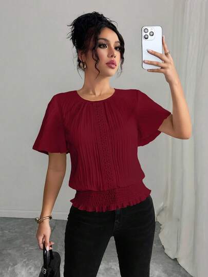 Selianne PETITE Textured Ruffled Decor Elastic Waist Women's Casual Blouse, Minimalist & Elegant For Holiday Wear/African Dresses For Women/Bandage /4th Of July /Smart Casual/Fall,Halloween,Homecoming,Back To School/Modest