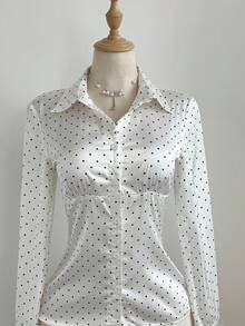 Elamini 女士缎面波点束腰长袖衬衫和吊带裙两件套，适合秋冬季日常穿着、通勤和聚会 - 彩色 - 查看 7