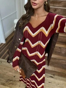 SHEIN LUNE Vestido de suéter largo y ondulado elegante para mujer - Burdeos - Ver 6