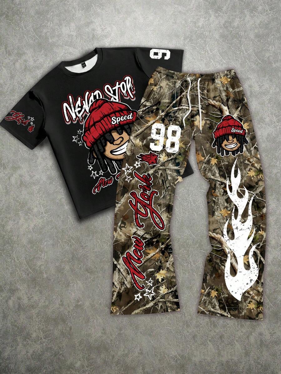 Manfinity ZONE917 ZONE917 Loose Fit Camouflage Cartoon Portrait 98 Smiling Face T-Shirt Set - Multicolor - View 1