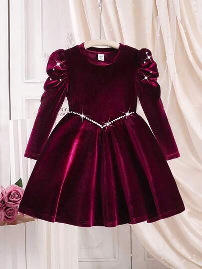 Kleine Mädchen Perlkleid mit Rüschen an Ärmeln und Taille, V-Ausschnitt, geeignet für Partys und Veranstaltungen, Frühling/Herbst