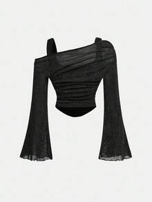 Girlism 青少年女孩露肩网眼喇叭袖衬衫，适合约会、派对、优雅、假日、正式场合、服装、沙滩装、化妆舞会