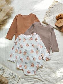 Vintaside Kids 男婴秋冬三件套连体衣，罗纹小熊印花，针织面料，信封领，长袖，按扣下摆，休闲可爱秋季装扮 - 彩色 - 查看 2