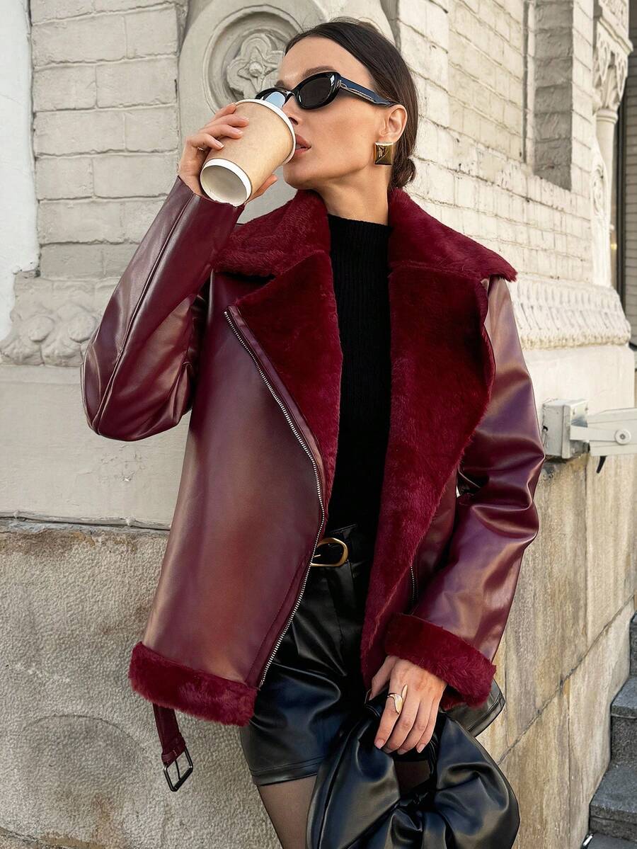 Lavishia 女士秋冬长袖拉链领PU皮保暖内衬摩托车夹克，秋冬新年圣诞节优雅上衣 - 彩色 - 查看 1