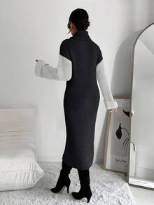 EURMUSE Women's Autumn/Winter Contrast Color Turtleneck Drop Shoulder Long Sleeve Fitted Knit Dress - Grey - View 2
