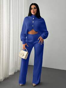 EURMUSE 2 Pieces Ribbed Knit Lounge Set Featuring Asymmetrical Sweater With Decorative Bow Accents And Matching High-Waisted Pants - Royal Blue - View 6