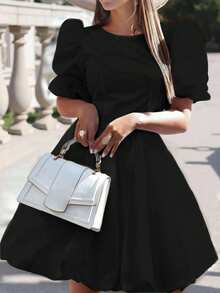 INAWLY Woman Round Neck Short Sleeve Bow Tie Open Back Elegant Short Dress - Black - View 3