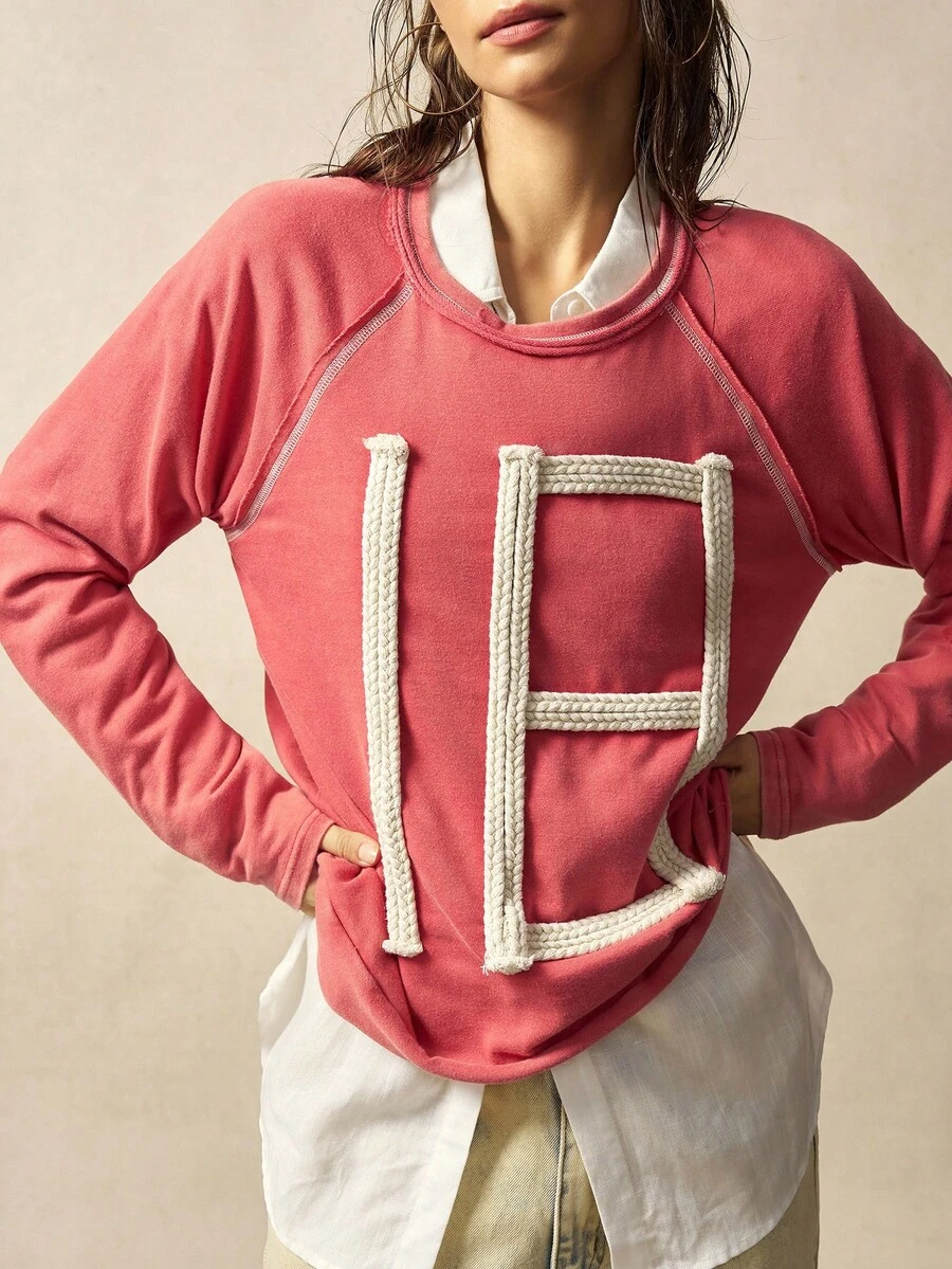 Bohemela Women's Casual Solid Color Knit Crew Neck Long Sleeve Loose Washed Top - Red - View 1