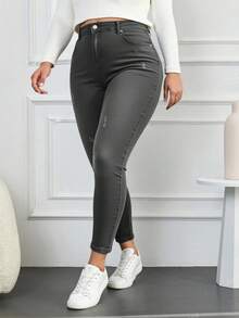 EURMUSE 98%Cotton Plus High Waist Ripped Skinny Jeans - Dark Grey - View 5