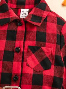 SHEIN 女婴休闲格子领长袖连衣裙，秋冬 - 紅色 - 查看 5