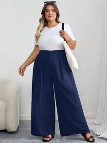 SHEIN CURVE+ Curves 大码/学校服装/返校服装/返校大码女士办公室服装，黑色高腰直筒休闲裤，简约时尚，适合日常穿着 - 藏蓝色 - 查看 7
