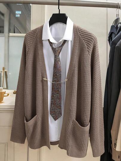 Manfinity CasualKnits Manfinity Streetrush เสื้อคาร์ดิแกนแขนยาวสีพื้นลำลองสำหรับผู้ชาย, ฤดูใบไม้ร่วง/ฤดูหนาว