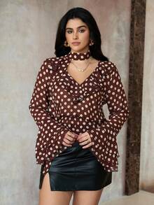 Roveilla Camicetta elegante e alla moda con scollo a V e stampa a pois per donne taglie forti - Castano - Visualizzare 6
