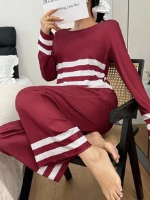 SHEIN Striped Casual Women Long Sleeve Top & Pants Pajama Set, Fall Clothes, Cozy Outfit - Burgundy - View 7