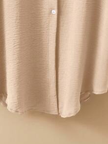 EMERY ROSE Women's Pleated Long Button Down Oversized Solid Color Long Sleeve Shirt - Khaki - View 3