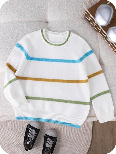 SHEIN Back To School & Graduation Season Young Boys' Casual Comfortable Versatile Cute Colorful Striped Loose Fit Stretchy Pullover Sweater, Autumn/Winter Fall