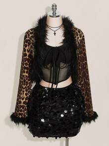 SHEIN ICON 大码女式豹纹 Y2k 毛绒装饰系带短款夹克秋冬女装 - 彩色 - 查看 3