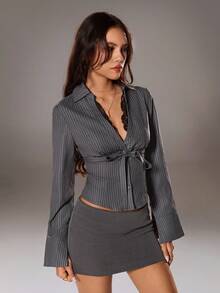 TRNVIE 1pc Women's Gray Striped Lace Patchwork V-Neck Long Sleeve Casual, Commuting, Leisure Blouse - Grey - View 3