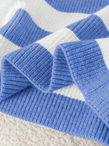 Souflis Souflis 少女休闲条纹短款圆领长袖毛衣，秋冬 - 藍白色 - 查看 8