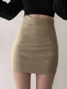 DAZY Váy dài đến đầu gối thanh lịch bó sát màu trơn cho nữ mùa hè, chân váy bút chì - Màu be - Xem 5