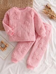 2pcs Young Girl' Soft Plush Bow Decor Long Sleeve Top And Pants Pajama Set