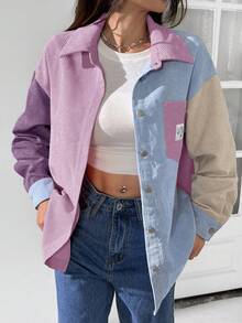 SHEIN EZwear 女士休闲紫色灯芯绒衬衫式长袖拼接设计，带领子和实用口袋，常规长度撞色外套，90年代风格女士灯芯绒外套，适合秋冬季节穿着。 - 紫色 - 查看 3