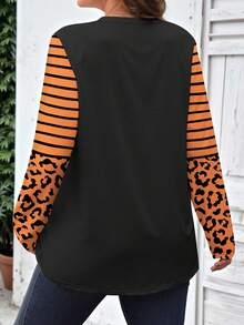 EMERY ROSE Halloween Women's Plus Size Casual Pumpkin, Striped And Leopard Print Round Neck Long Sleeve T-Shirt Fall Cloth For Women - White - View 2