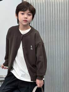 DAZY 青少年男孩纯色落肩长袖纽扣前针织毛衣 - 綠色 - 查看 9