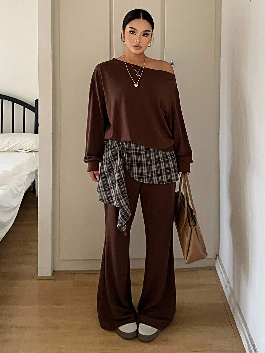 POPSWAY 大码女式运动套装，长袖圆领斜肩运动衫 + 喇叭运动裤，格子拼布休闲两件套 - 咖啡棕 - 查看 1