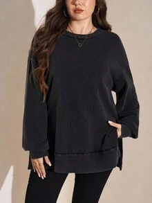 Comfylo 加大码纯色圆领休闲百搭长袖运动衫感恩节服装女式新年女装冬季连衣裙冬装女式狂欢服装女式冬装上衣连帽衫