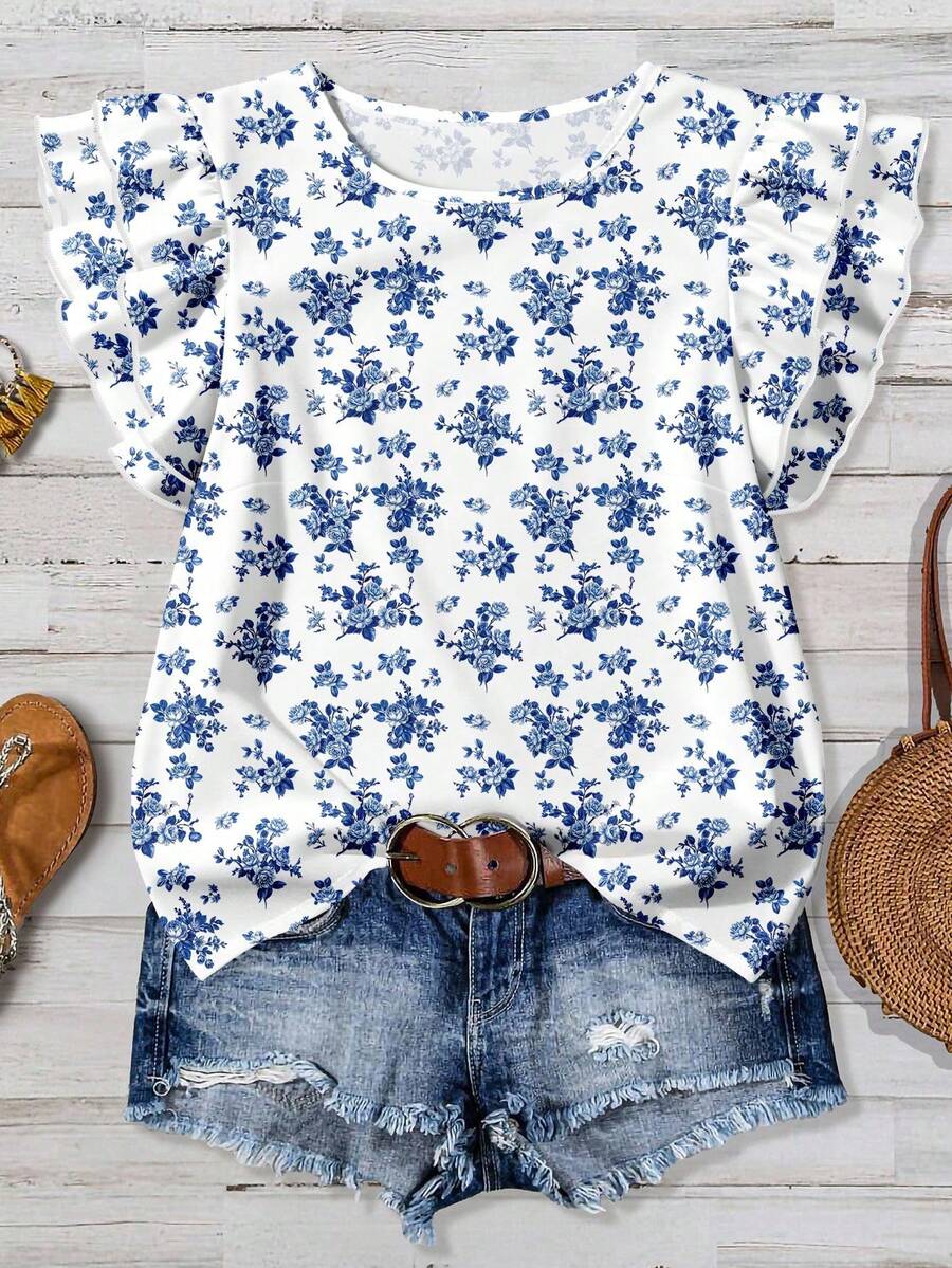 EMERY ROSE 大码复古蓝白水彩花卉印花度假衬衫 - 彩色 - 查看 1