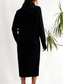 EURMUSE Women's Solid Color High Neck Sweater Dress - Black - View 2