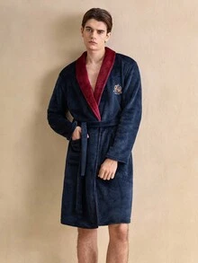 Herrmorgonrock med kontrastfärg, sjalhals, broderi, knytband i midjan, lapptäcke och fickor, för höst/vinter, fluffig, mysig - Multifärgad - Visa 6