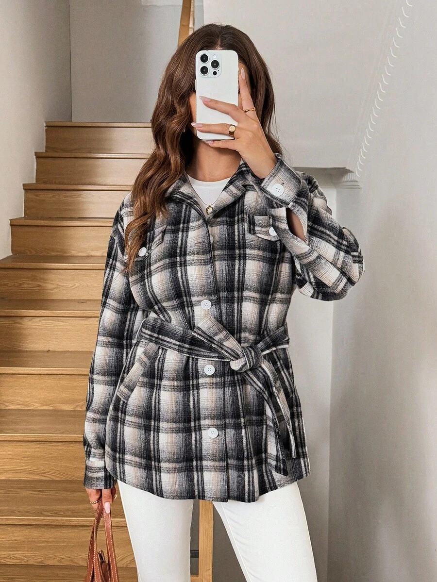 SHEIN LUNE Manteau en laine à carreaux avec boutons sur le devant pour femmes, style vintage décontracté et élégant pour les déplacements, pour l'automne/hiver - Noir et Blanc - Voir 1