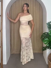 Andrea Bello Elegantes Damen Kleid mit Spitze, asymmetrischem Kragen und einfarbig