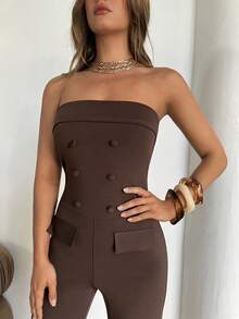 Aloruh Women's Minimalist Coffee Color Jumpsuit Pants For Commuting - Coffee Brown - View 7